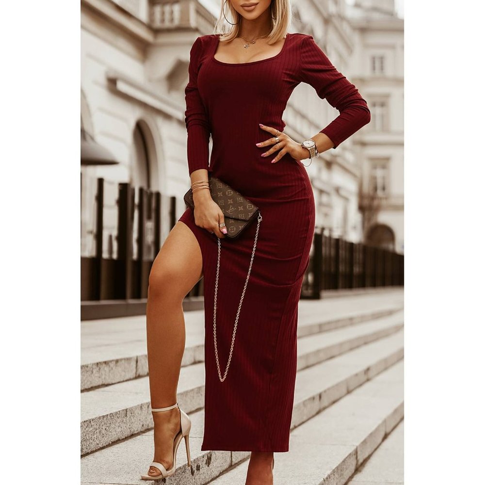Burgundy Scoop Neck Long Sleeve Rib Knit Bodycon Dress with Split - Picture 2 of 5